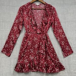 Cotton Candy LA Wrap Dress Size Small Burgundy Star Print Long Sleeve Ruffle